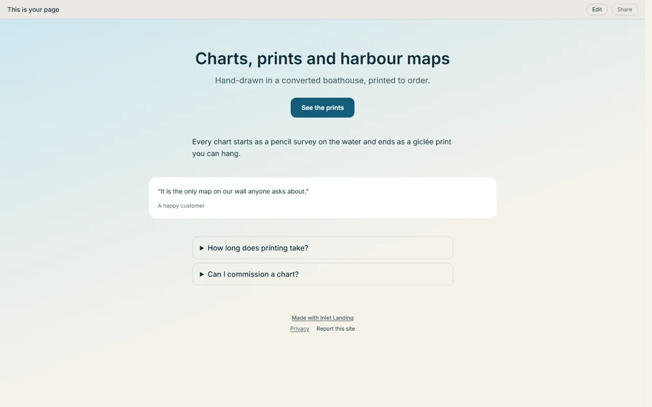 Inlet Landing: a published landing page