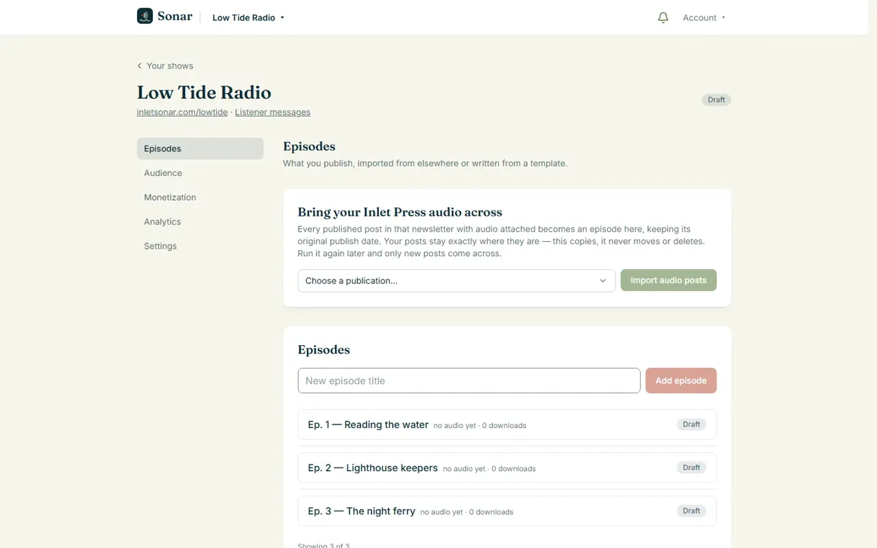 Inlet Sonar: the podcast dashboard